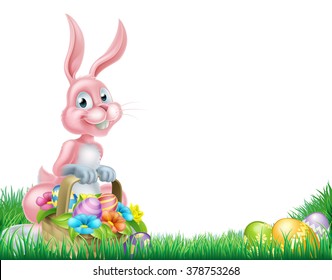 Pink cartoon Easter bunny with a basket full of decorated chocolate Easter eggs in a field