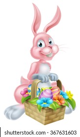 Pink cartoon Easter bunny rabbit holding an Easter basket full of Easter Eggs and flowers