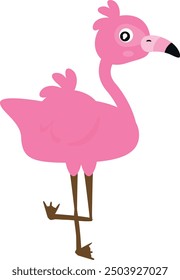 Pink cartoon flamingo with a playful design, ideal for children's illustrations and summer themes.