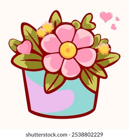 Pink cartoon flower in pot, decorated with petals, green leaves, and heart shaped elements. Perfect for romantic or cheerful designs. Vector isolated on white background