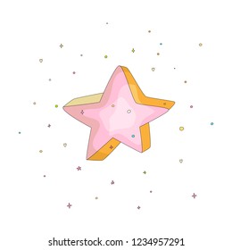 Pink cartoon funny star vector icon. Cartoon icon star with colored decoration on white background. Doodle pink star icon drawing on white background.