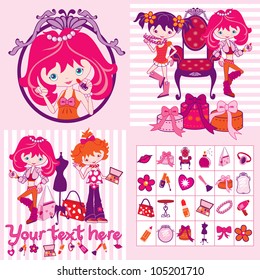 pink cartoon girls, makeup and jewelry, illustration, vector