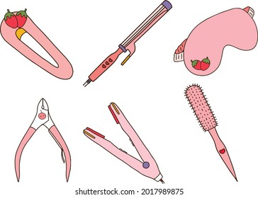 Pink cartoon hairdresser tools by freehand drawing