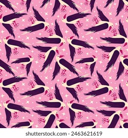 Pink cartoon Halloween seamless pattern with raven and flowers