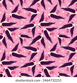 Pink cartoon Halloween seamless pattern with raven and flowers