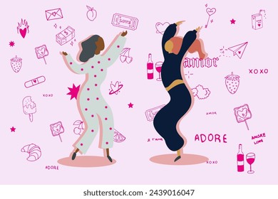Pink cartoon hand drawn style flat vector design illustration. Dancing women, girls illustration 