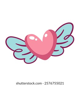 Pink cartoon heart with blue wings. Funny romantic love symbol with wings of cupid or angel. Valentines day invitation, amour, gift mascot, cartoon cute shiny heart flying vector illustration