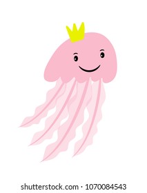 Pink cartoon jellyfish with crown cartoon icon, isolated on white. vector illustration