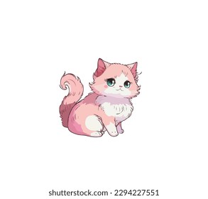 Pink cartoon kitten with a cute muzzle on a white background. Vector illustration