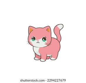 Pink cartoon kitten with a cute muzzle on a white background. Vector illustration