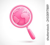 Pink cartoon magnifying glass with pink planet Earth 3d vector icon. Valentine's day or searching for love concept. Finding love around the world. Vector illustration