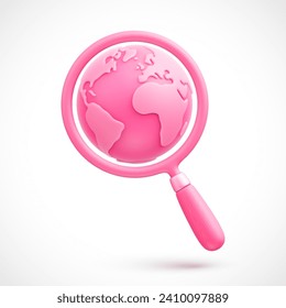 Pink cartoon magnifying glass with pink planet Earth 3d vector icon. Valentine's day or searching for love concept. Finding love around the world. Vector illustration