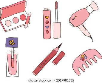 Pink cartoon make-up items free hand drawing 