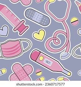 pink cartoon medicine elements seamless background pattern