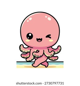 Pink cartoon octopus with smiling face and winking eye standing on sandy beach near water