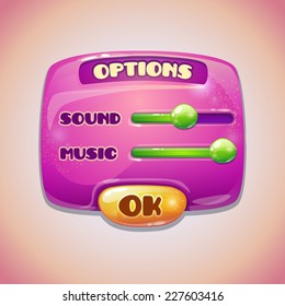 Pink cartoon options panel, settings item for web or game ui design