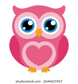 Pink cartoon owl with large blue eyes and a heart-shaped body Simple flat design Orange feet White background