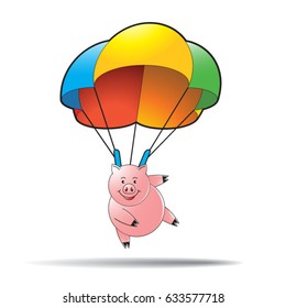 pink cartoon pig landing with his colorful parachute-vector drawing