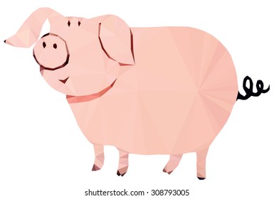 A pink cartoon pig, low poly vector illustration.