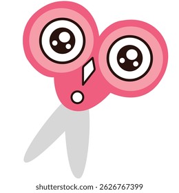 Pink cartoon scissors with big expressive eyes and smile. Kawaii concept for fun designs or creative visual themes.
