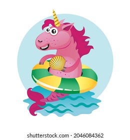 pink cartoon sea unicorn swims in the water with a swimming circle