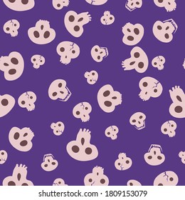 Pink cartoon skulls seamless vector pattern on a purple background. Halloween surface print design for fabrics, stationery, gift wrap, home decor, and packaging.