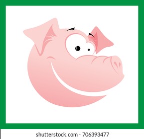 Pink cartoon smiling pig in profile