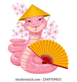 Pink cartoon snake, symbol of Chinese lunar New Year 2025. Cute smiling snake wearing traditional conical asian straw hat, holds hand fan. Blooming sakura on background. Vector illustration