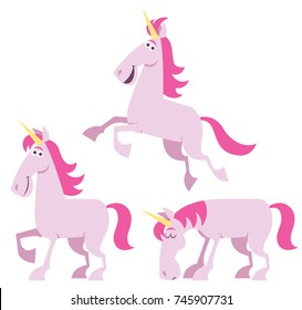 Pink cartoon unicorn in 3 different pose. 