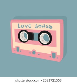 Pink cassette tape with love songs illustration on  blue background