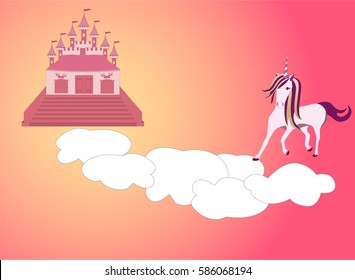 pink castle in the clouds the air and running unicorn. illustration. vector.