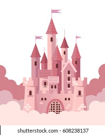 Pink castle with clouds. Vector flat illustration.