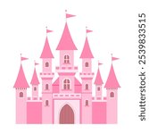 A pink castle with flags on top. The castle is very large and has many windows