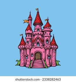 Pink castle illustration, cute vector art for kids