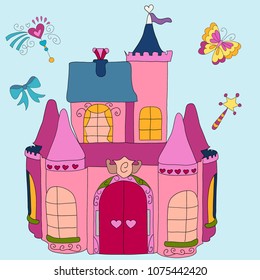 pink castle on a blue background
