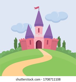 Pink castle on the green hill. House for princess. Kindom in fairytale. Flat vector illustration. 