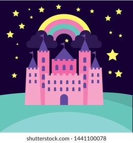 pink castle on rainbow between clouds and stars vector illustration