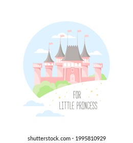 Pink castle in the round frame isolated on a white backdrop. For little princess text