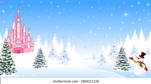 Pink castle. Winter landscape. The night before Christmas. Trees, snow, forest. Shining stars and snowflakes in the night sky. Christmas winter night scene. The snowman welcomes.