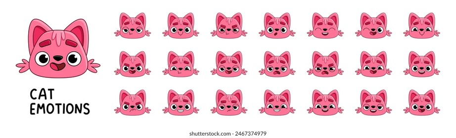 Pink cat character head set. Mascot stickers with different emotions. Vector cute character animal, pet