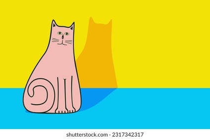 Pink cat character with shadow on yellow wall. yellow and cyan backdrop. Cute cat drawing.