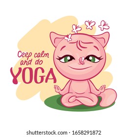 PINK CAT CHARACTER  SITS IN LOTUS POSE AND MEDITATES. WITH  LETTERING CEEP CALM AND DO YOGA