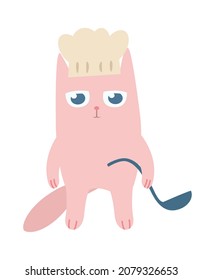Gato rosa con sombrero de chef con liga. Carácter gracioso en estilo plano garabato