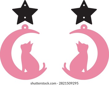 Pink Cat Crescent Moon Earrings with Star Stud for Celestial Jewelry and Cute Cat Lover Fashion