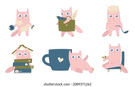 Gato rosado en diferentes poses. Carácter gracioso en estilo plano garabato