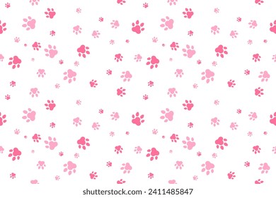 Pink Cat Or Dog Paw Pattern Background. Wallpaper. Vector Illustration. Valentine's Day. Animal. Backdrop