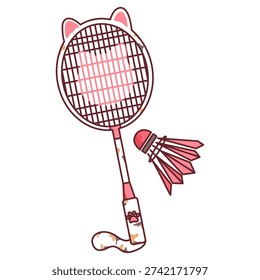 Pink cat ears badminton racket with shuttlecock birdie sports icon
