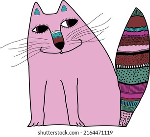 Pink cat in the ethnostile. Vector file for designs.