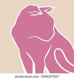 Pink cat facing backwards illustration. Contemporary poster print  template vector illustration