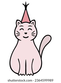 Pink cat in a festive cap. Color vector illustration. Smiling muzzle. An animal in a red cap with a tassel on top. Cartoon style. The kitten is celebrating a birthday. Isolated background.